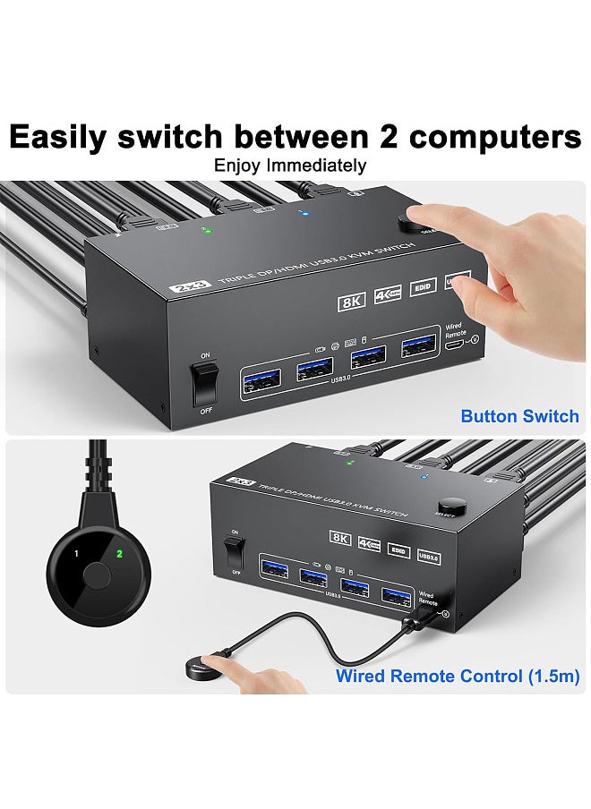 Generic - USB 3.0 KVM Switcher Two Input Three Output Three Monitor Switcher Support 8K@30Hz 4K@144Hz USB 3.0 Displayport with Wired Remote and 4 Cables Included Compatible with Mac/Windows/Linux - Image 1