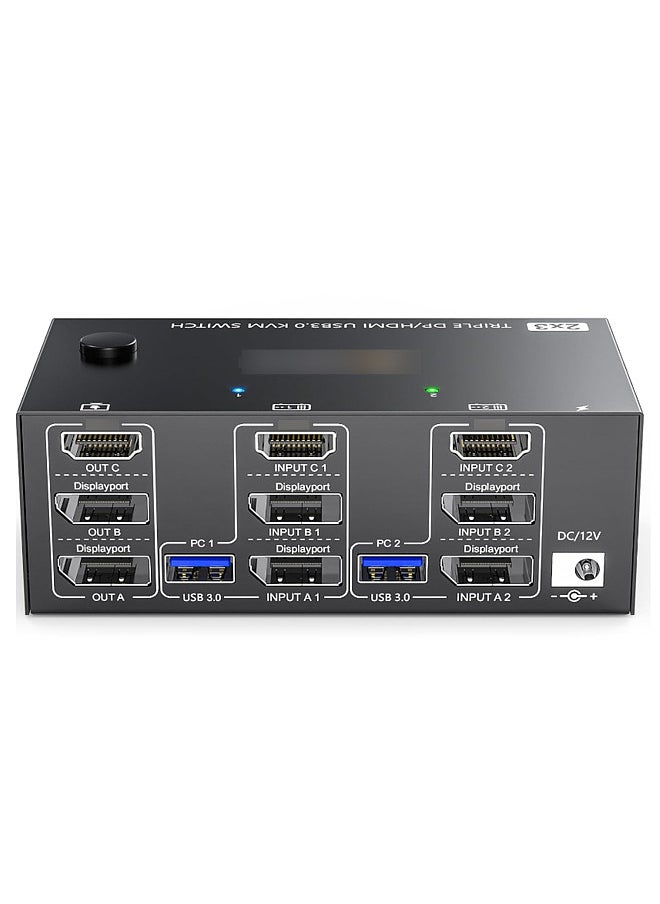 Generic - USB 3.0 KVM Switcher Two Input Three Output Three Monitor Switcher Support 8K@30Hz 4K@144Hz USB 3.0 Displayport with Wired Remote and 4 Cables Included Compatible with Mac/Windows/Linux - Image 1