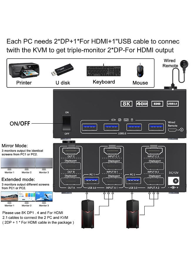 Generic - USB 3.0 KVM Switcher Two Input Three Output Three Monitor Switcher Support 8K@30Hz 4K@144Hz USB 3.0 Displayport with Wired Remote and 4 Cables Included Compatible with Mac/Windows/Linux - Image 1