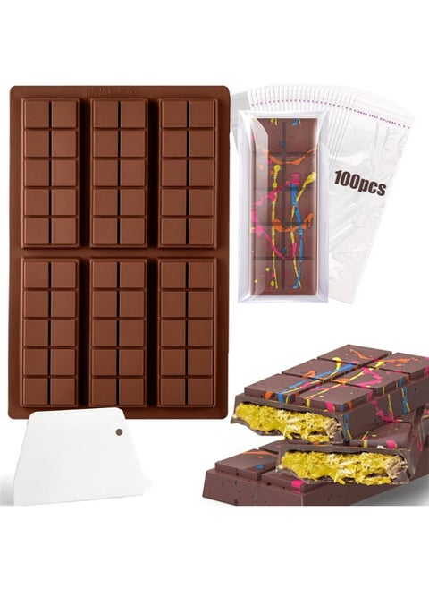 Chocolate Bar Mold, Non-Stick Chocolate Molds with 100pcs Storage Bags, Silicone Rectangle Deep Chocolate Bar Mold for Milk Chocolate Bar,Dubai Chocolate Bar Pistachio