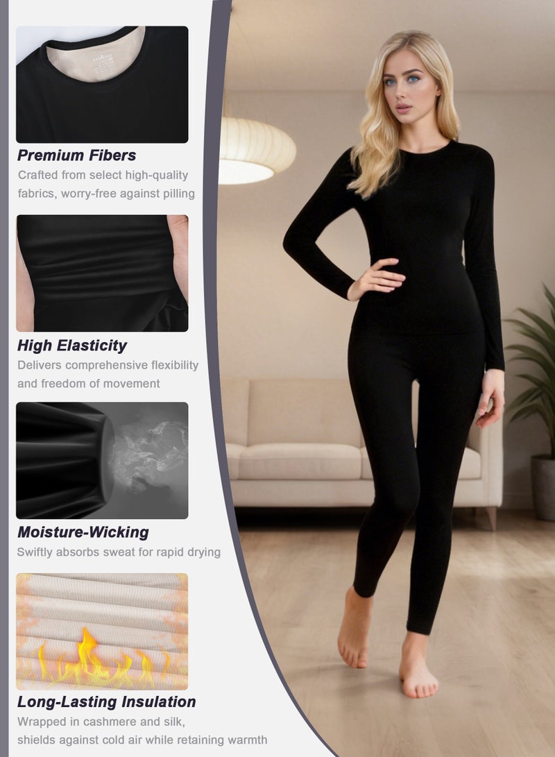Necomi Women's Thermal Underwear Set with Fleece Lining Long-Sleeve Base Layer Top and Pants Set Wool-Lined Base Layer Pajamas Suitable for Daily Wear and Outdoor Activities like Running, Work, Skiing, Hiking, Walking (Black) - Image 2