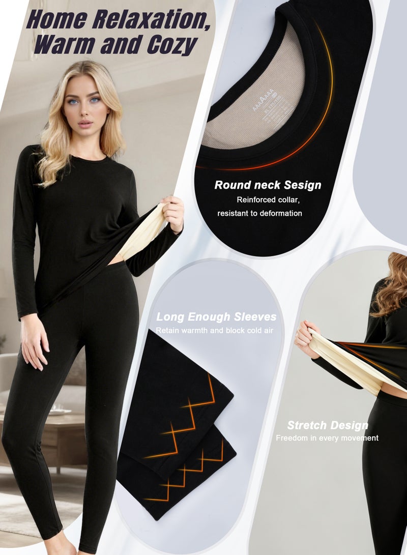 Necomi Women's Thermal Underwear Set with Fleece Lining Long-Sleeve Base Layer Top and Pants Set Wool-Lined Base Layer Pajamas Suitable for Daily Wear and Outdoor Activities like Running, Work, Skiing, Hiking, Walking (Black) - Image 4