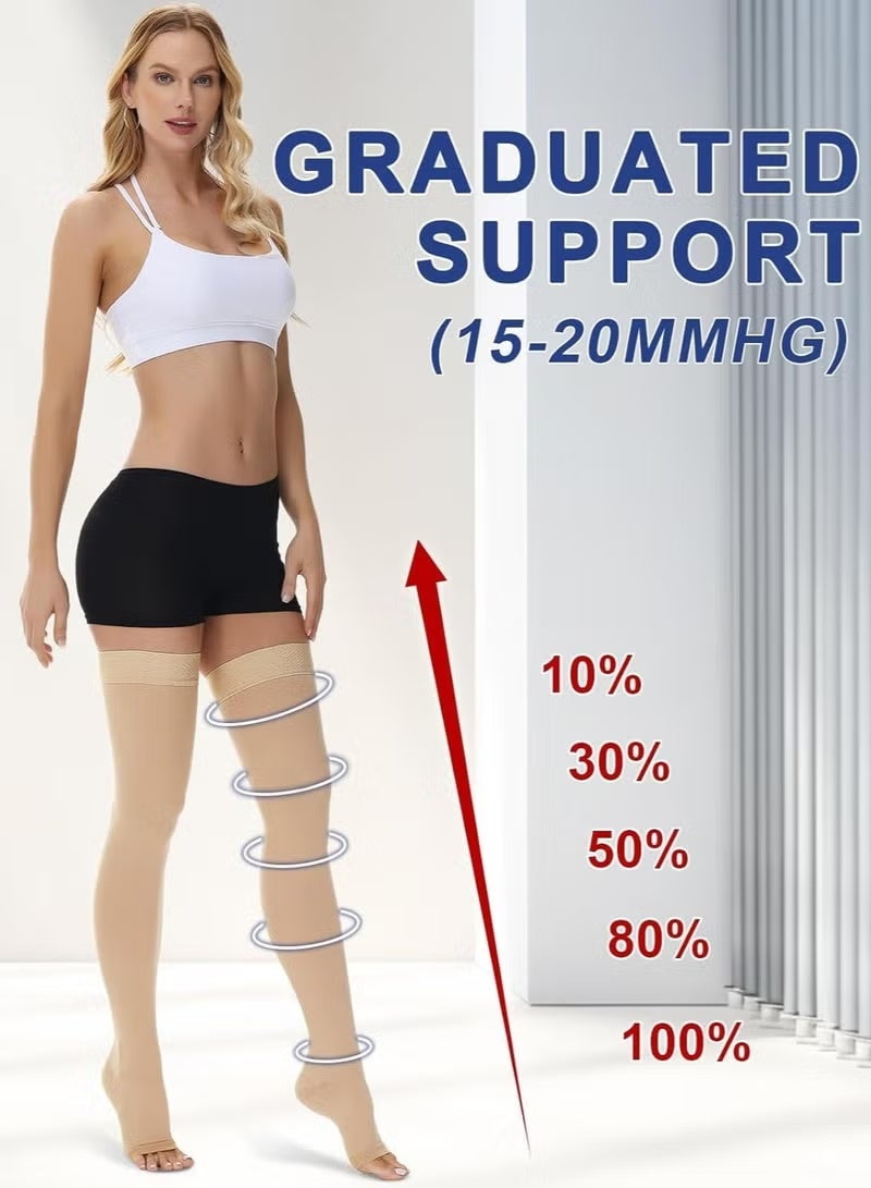 15-20 mmHg Open Toe Medical Compression Stockings for Women Men, Thigh High Graduated Compression Socks with Dot Silicone Band, Support Circulation Pressure Stockings for Varicose Veins, Edema (L) - Image 2
