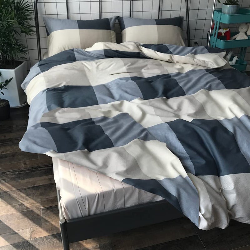 LifeTB Reversible Cotton Plaid Bedding Set King Modern Soft Grid Checkered Duvet Cover Set Hotel Quality Luxury Bedding Collection 3 Piece Men Boys Comforter Cover Set with 2 Pillowcases (NO Comforter) - Image 5
