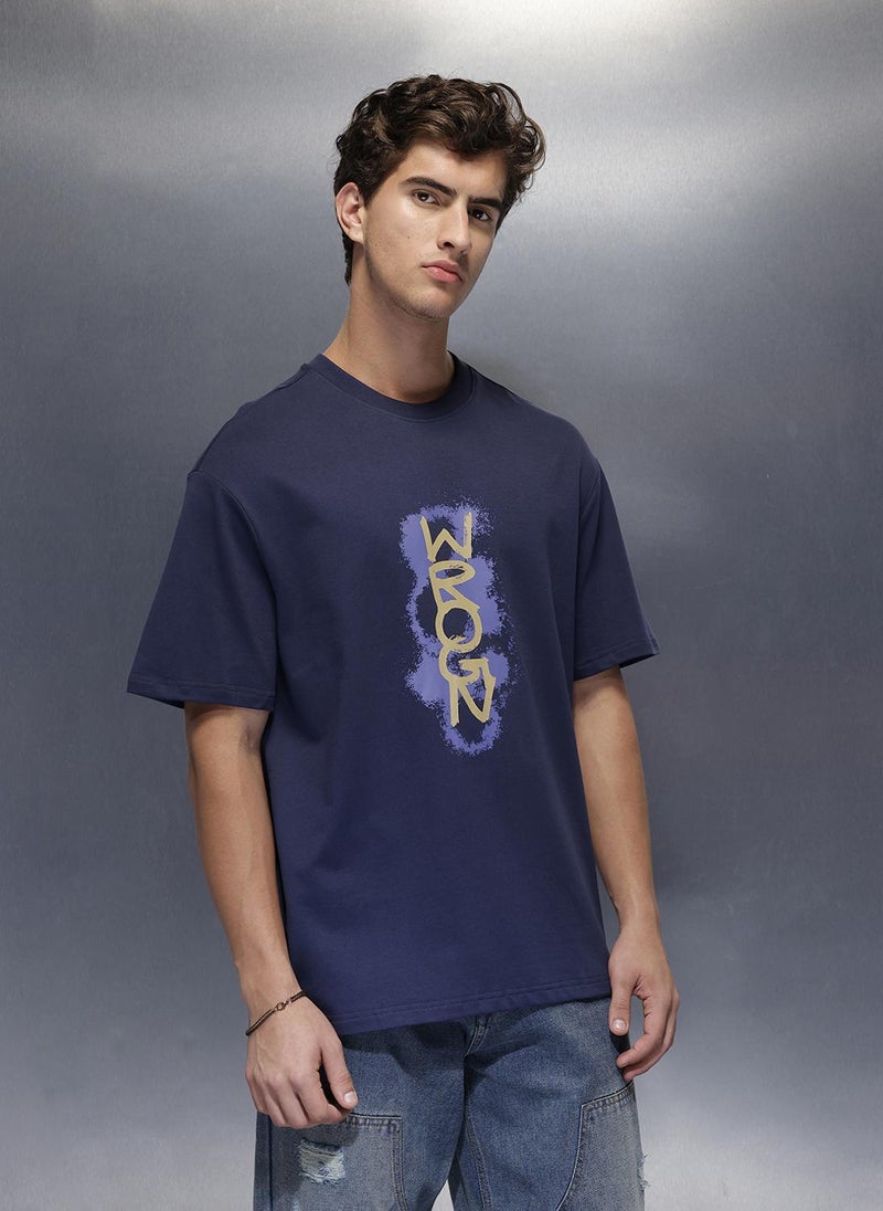 Wrogn Placement Printed Oversized T-Shirt   |  Navy Blue - Image 4