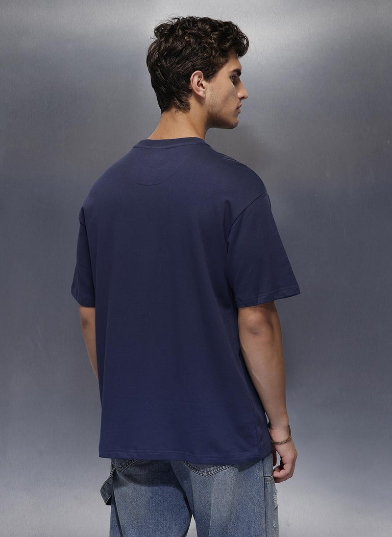 Wrogn Placement Printed Oversized T-Shirt   |  Navy Blue - Image 3