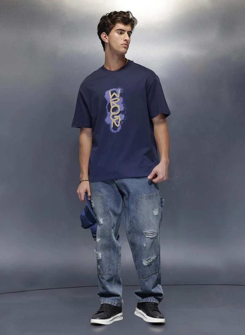 روجن Placement Printed Oversized T-Shirt   |  Navy Blue
