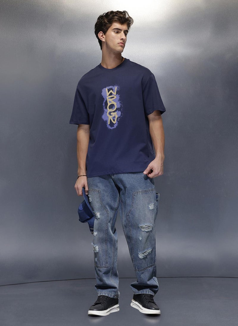 Wrogn Placement Printed Oversized T-Shirt   |  Navy Blue - Image 2