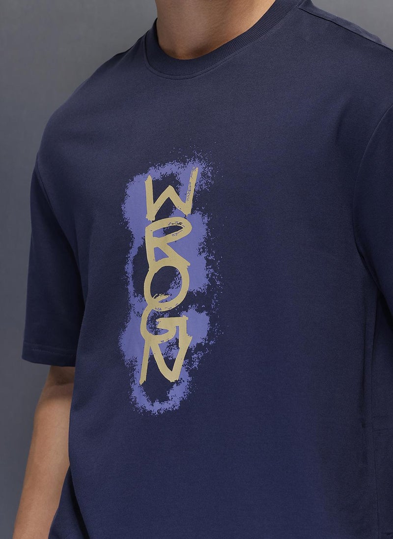 Wrogn Placement Printed Oversized T-Shirt   |  Navy Blue - Image 5