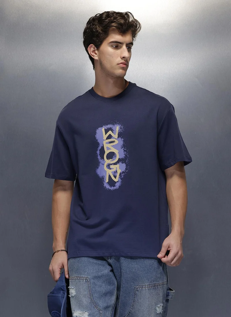 روجن Placement Printed Oversized T-Shirt   |  Navy Blue
