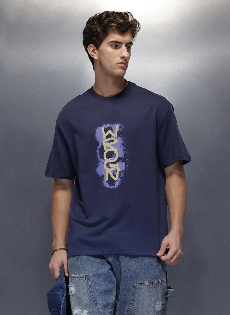 Wrogn Placement Printed Oversized T-Shirt   |  Navy Blue - Image 1