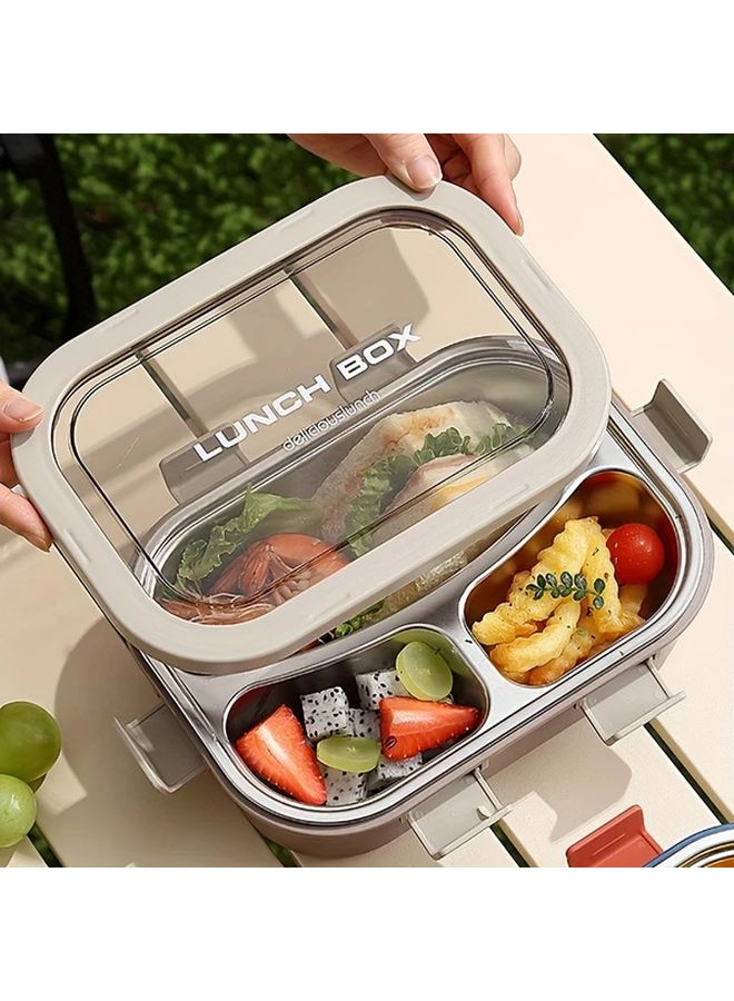 Rice Brown 850ml 304 Stainless Steel Three Compartment Lunch Box Leak Proof Microwave Safe Portable with Spoon Fork - Image 2