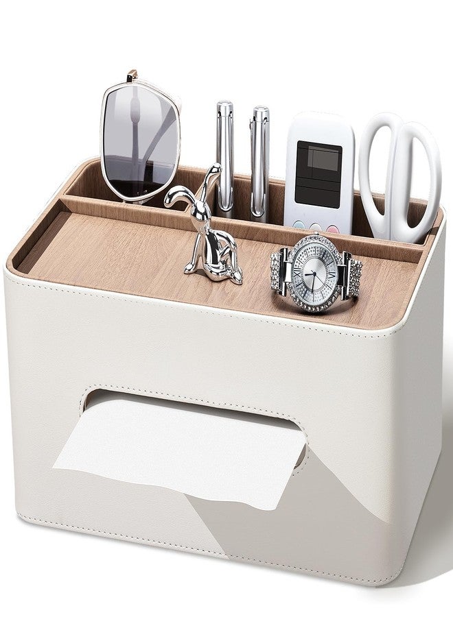 KINGFOM PU Leather Tissue Box Cover Rectangular with Storage Organizer, Multifunctional Remote Control Holder, Desk Organizer for Living Room, Bedroom, Office, Decorative Tissue Holder with Compartments Beige - Image 1