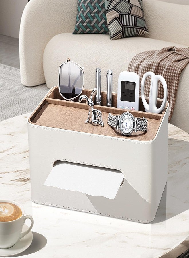 KINGFOM PU Leather Tissue Box Cover Rectangular with Storage Organizer, Multifunctional Remote Control Holder, Desk Organizer for Living Room, Bedroom, Office, Decorative Tissue Holder with Compartments Beige - Image 3