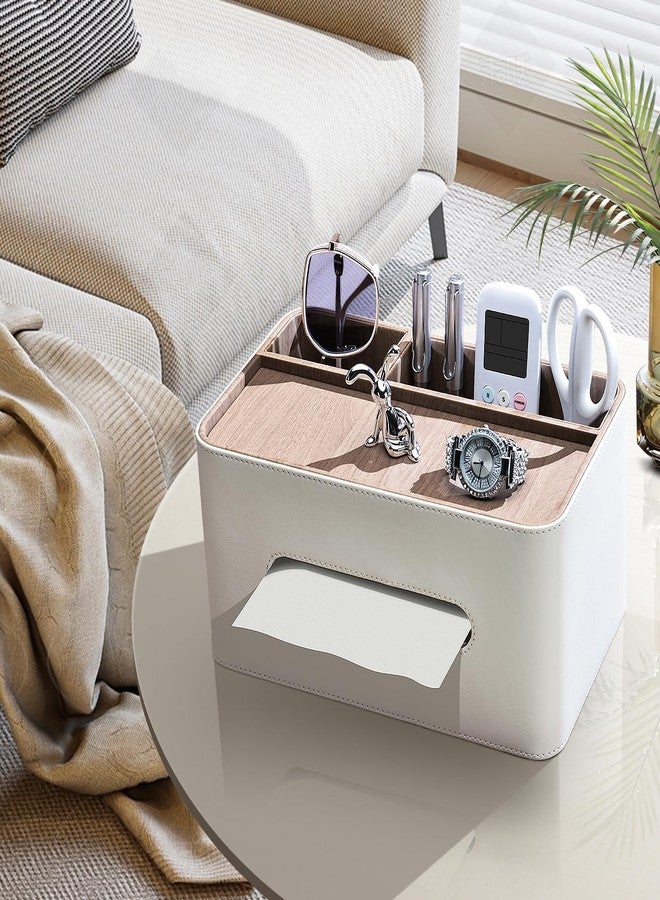 KINGFOM PU Leather Tissue Box Cover Rectangular with Storage Organizer, Multifunctional Remote Control Holder, Desk Organizer for Living Room, Bedroom, Office, Decorative Tissue Holder with Compartments Beige - Image 5