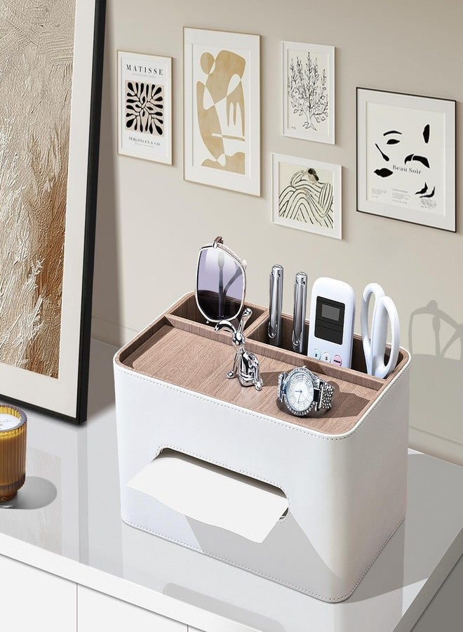 KINGFOM PU Leather Tissue Box Cover Rectangular with Storage Organizer, Multifunctional Remote Control Holder, Desk Organizer for Living Room, Bedroom, Office, Decorative Tissue Holder with Compartments Beige - Image 4