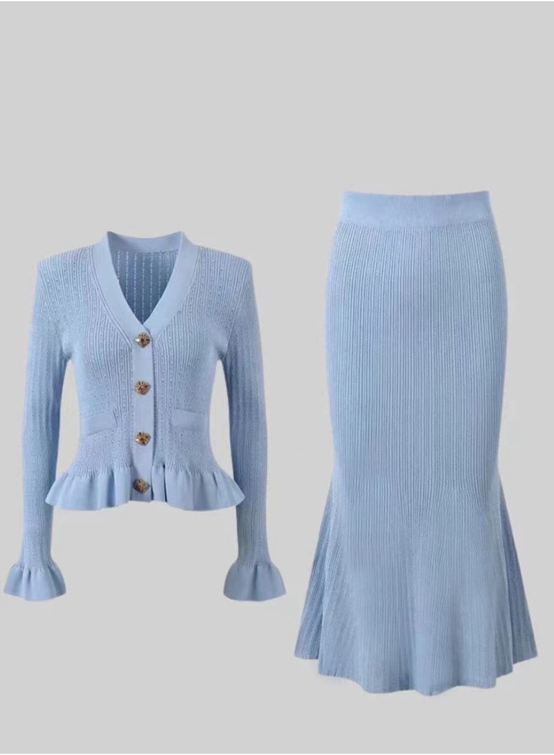 Ruffled V-neck Top & Skirt Set