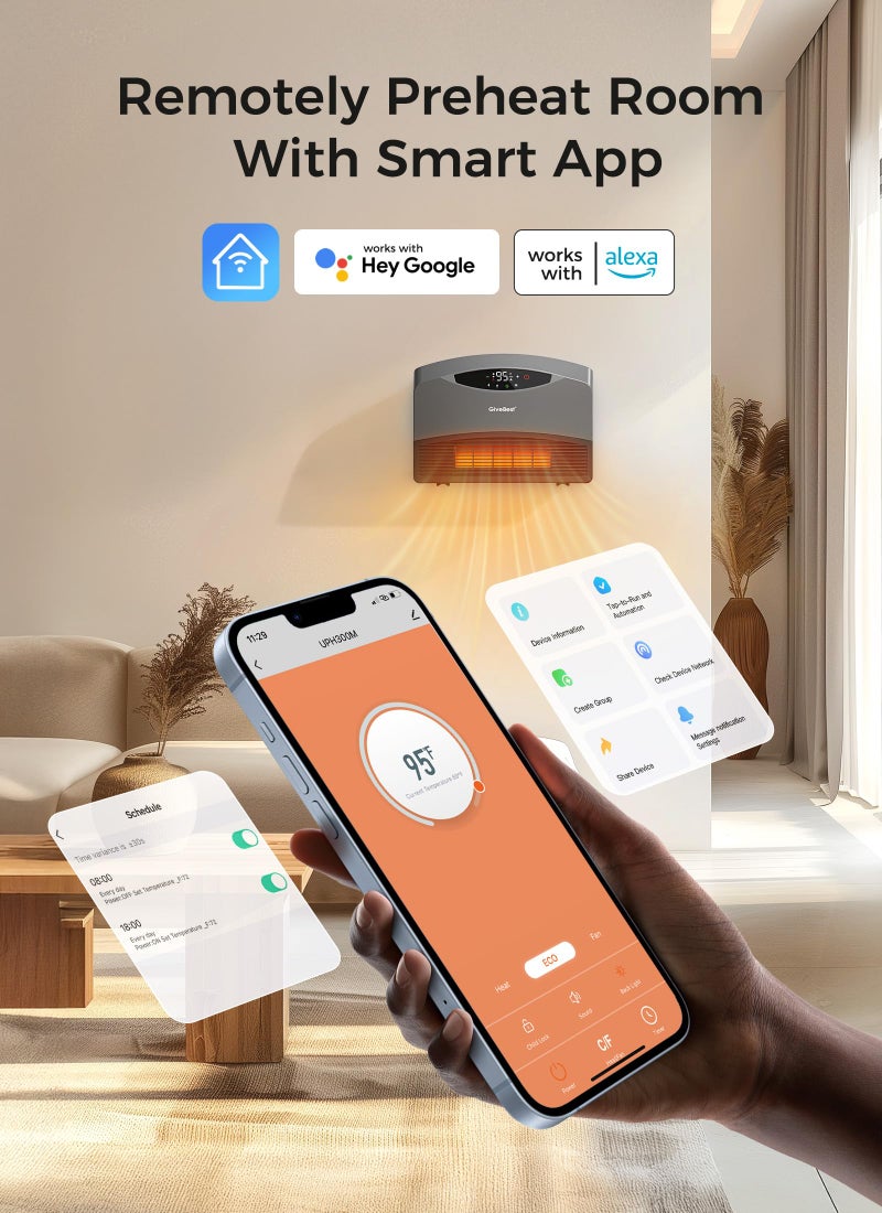 GiveBest Smart Wall Heater with WiFi and Remote Control, 1500W, Floor or Wall Mounted, 3 Heating Modes, Electric Heater with Thermostat for Living Room, Garage, Grey - Image 3