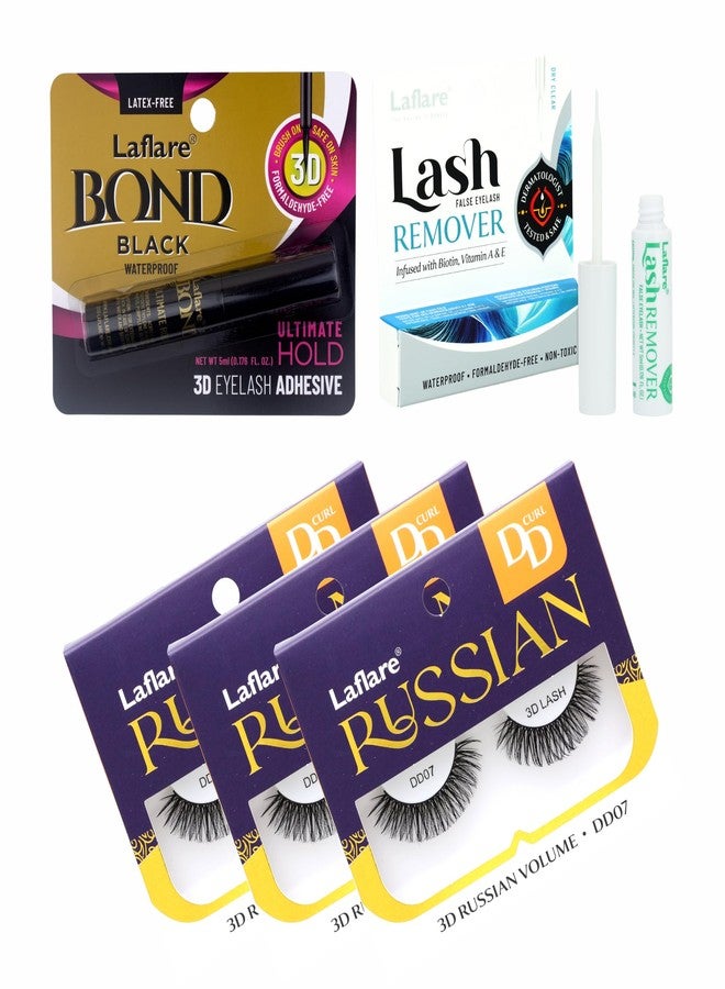 Laflare 3D Russian Max Volume Wispy, Fluffy, Lightweight, Handmade DD Curl Lashes 3 Packs with lash Adhesive and Remover All In One Complete Kit (FDD07X5C) - Image 1