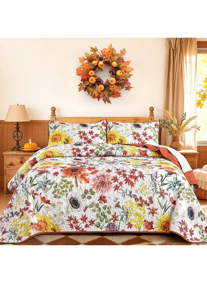 YIRAN Fall Floral Quilt Set Queen Size, Orange Red Sunflower Botanical Bedspread Bedding Set, 3 Pieces Soft Lightweight Microfiber Coverlet with 2 Pillow Shams for All Season 96x90 Inch - Image 1