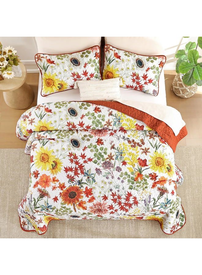 YIRAN Fall Floral Quilt Set Queen Size, Orange Red Sunflower Botanical Bedspread Bedding Set, 3 Pieces Soft Lightweight Microfiber Coverlet with 2 Pillow Shams for All Season 96x90 Inch - Image 4