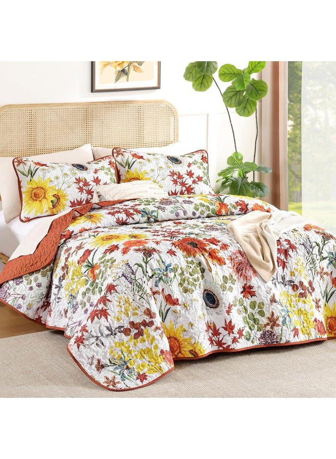 YIRAN Fall Floral Quilt Set Queen Size, Orange Red Sunflower Botanical Bedspread Bedding Set, 3 Pieces Soft Lightweight Microfiber Coverlet with 2 Pillow Shams for All Season 96x90 Inch - Image 2