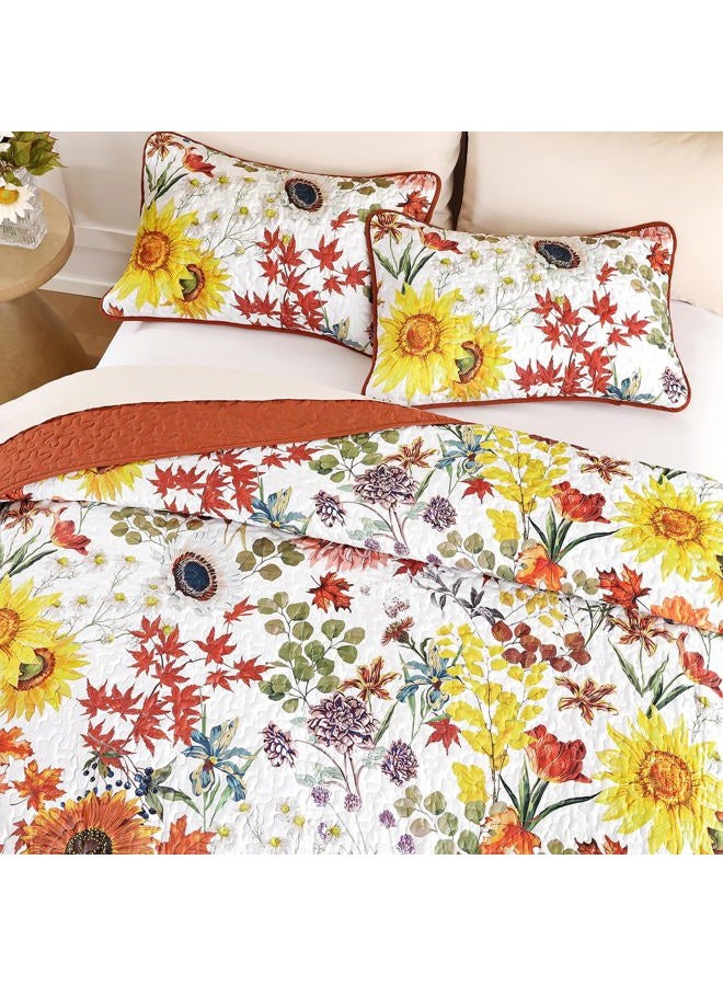 YIRAN Fall Floral Quilt Set Queen Size, Orange Red Sunflower Botanical Bedspread Bedding Set, 3 Pieces Soft Lightweight Microfiber Coverlet with 2 Pillow Shams for All Season 96x90 Inch - Image 3