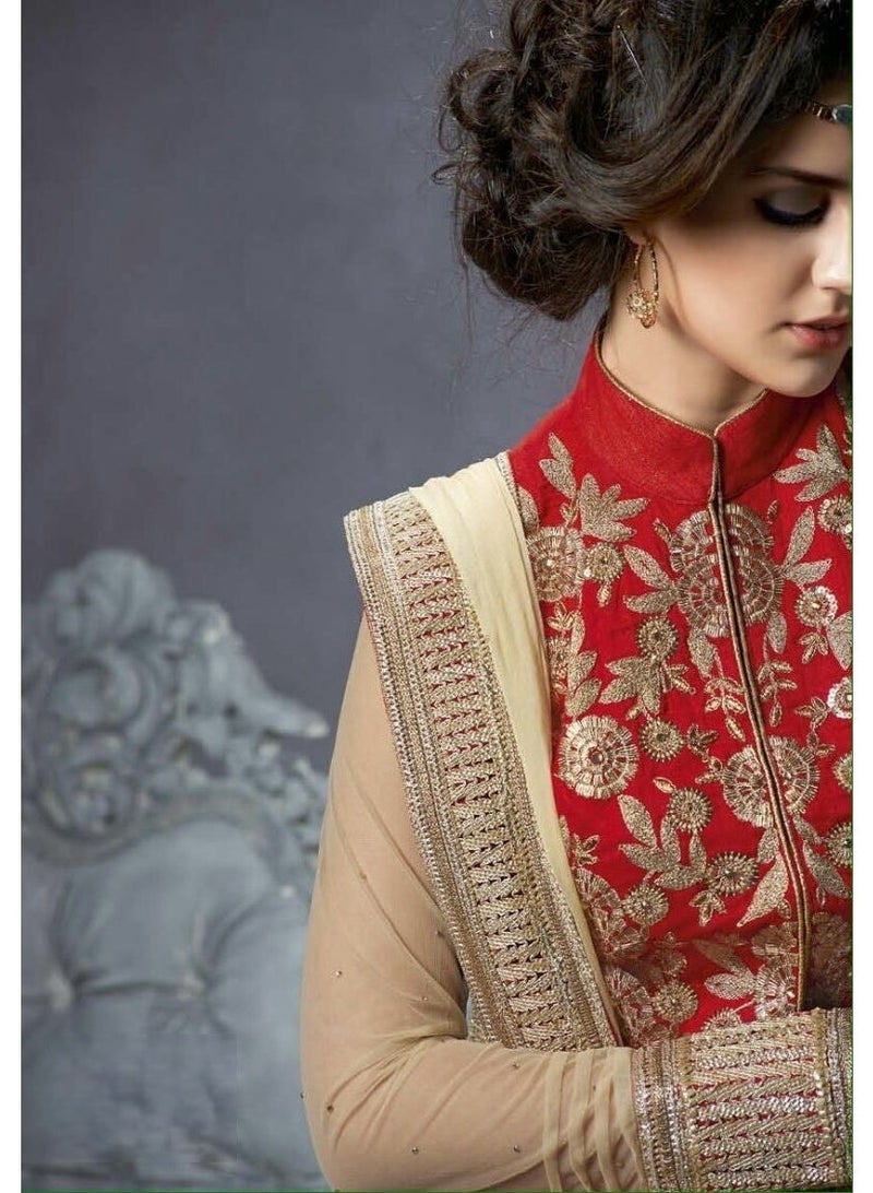 BELA Women's Semi Stitched Red and Cream Embroidered Indo-Western Lehenga Suit with High-Neck Jacket - Image 1