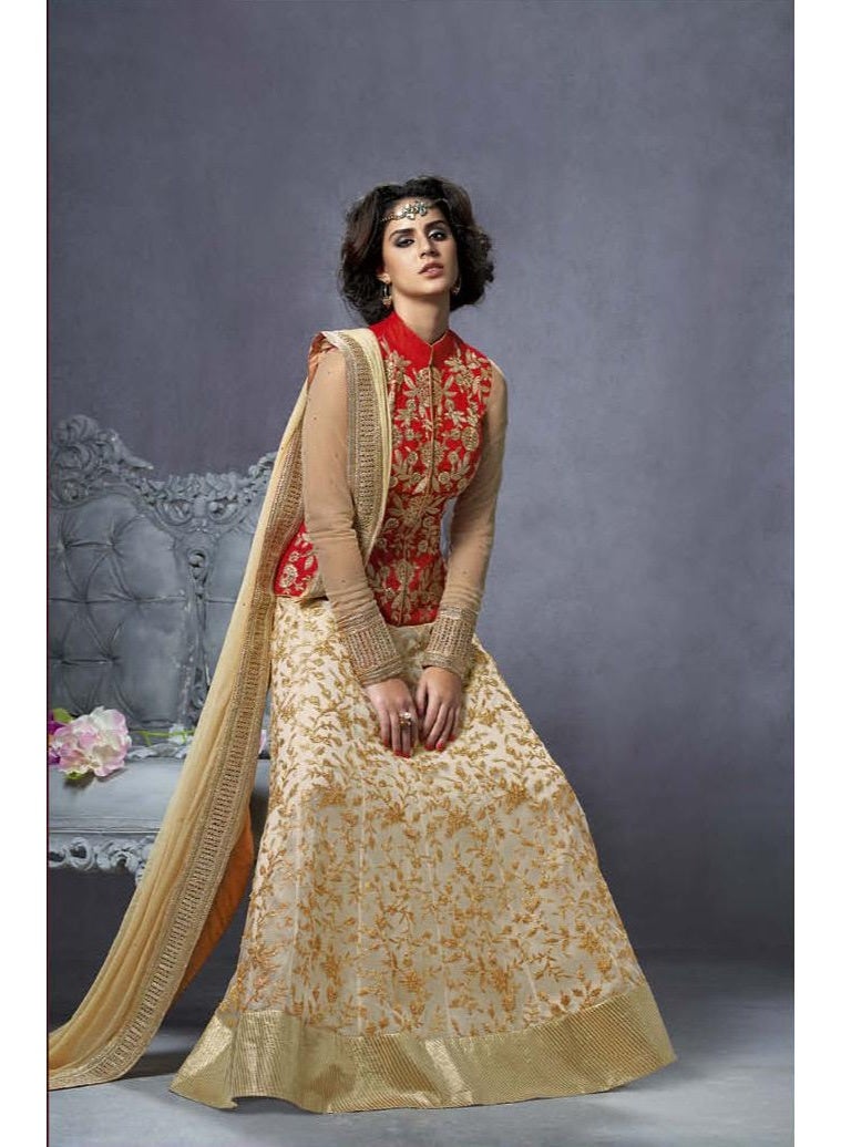 BELA Women's Semi Stitched Red and Cream Embroidered Indo-Western Lehenga Suit with High-Neck Jacket - Image 2