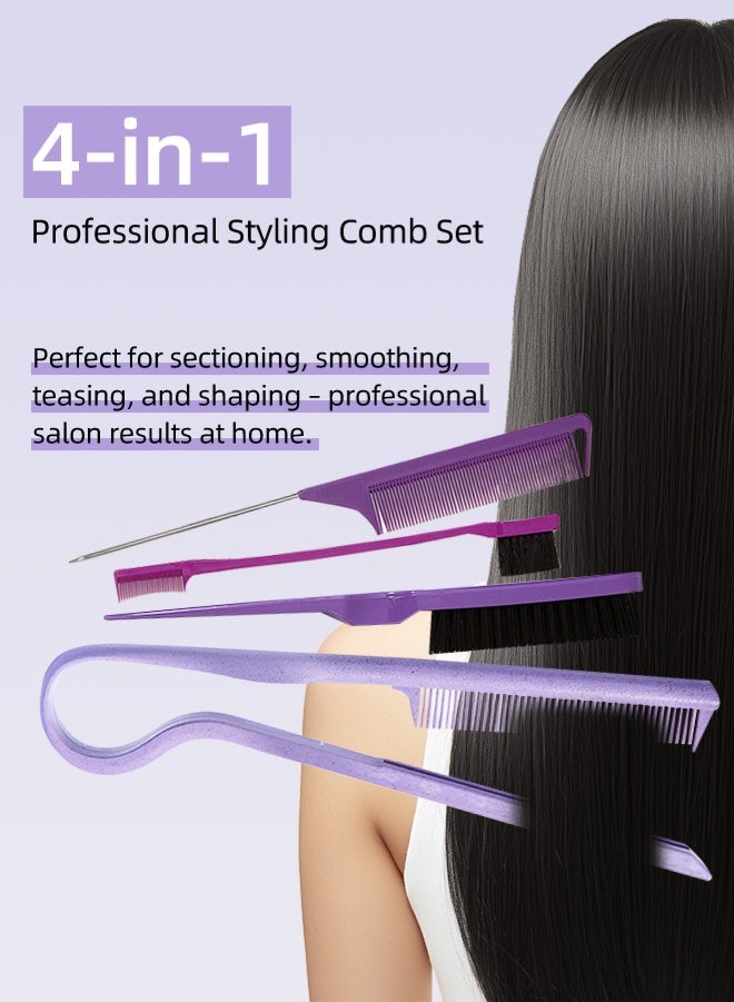 Zcheer 4-in-1 Professional Hair Comb Set – Wheat Straw V-Shape Styling Comb for Curly & Straight Hair, Teasing Comb, Rat Tail Comb, Detail Comb for Edges, Backcombing, Slicking Hair, Anti-Bacterial & Heat Resistant, Ideal for Women & Salon（Purple） - Image 2