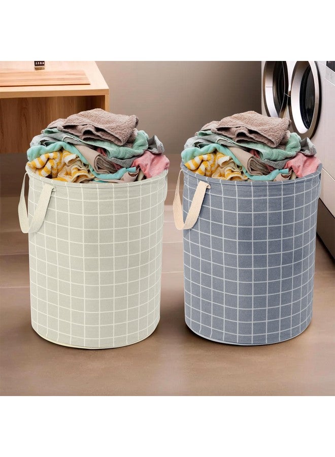 Kuber Industries (Pack of 2) Laundry Basket (60 LTR) Cotton Round Laundry Hamper (Check-Print) Clothes Storage Bag | Toy Storage Basket for Cloth | Foldable Laundry Bag | Light & Dark Grey - Image 1
