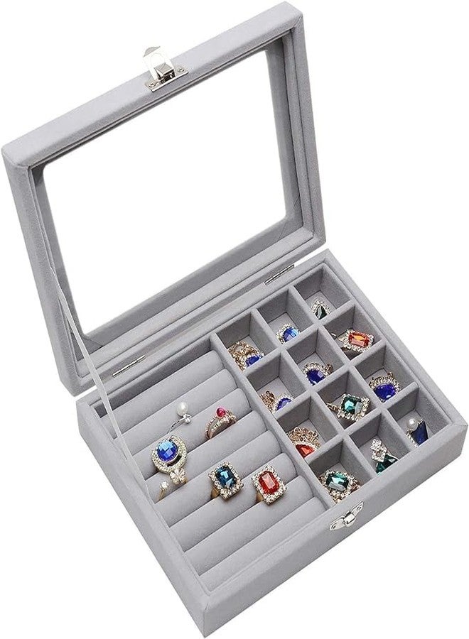 PERPART Jewels Velvet 2 in 1 Jewelry Box | Ring Earring Organizer Holder Stackable Display | Showcase Lockable Jewelry Storage Tray Gifts for Girls Women (Grey) - Image 1