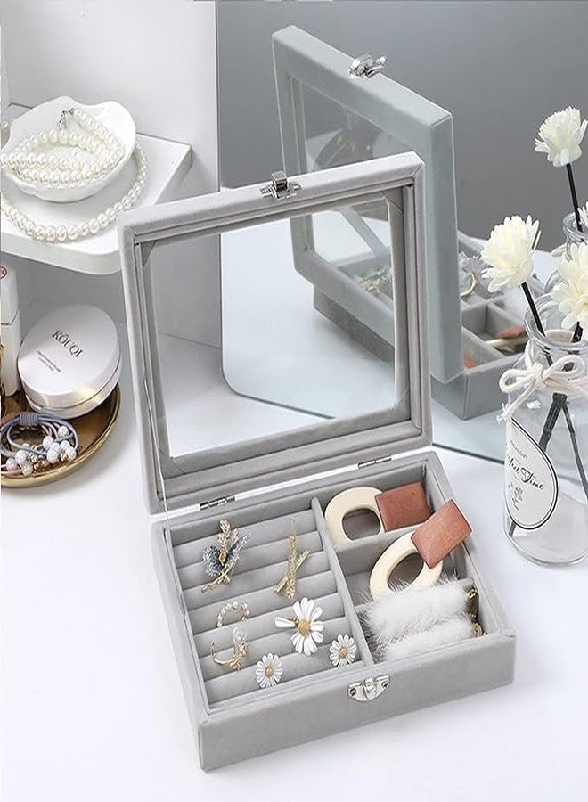 PERPART Jewels Velvet 2 in 1 Jewelry Box | Ring Earring Organizer Holder Stackable Display | Showcase Lockable Jewelry Storage Tray Gifts for Girls Women (Grey) - Image 3