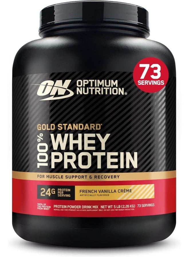 أوبتيموم نيوتريشن مسحوق بروتين مصل الحليب بنسبة 100% من Gold Standard معزول المصدر الأساسي، 24 جرامًا من البروتين لدعم العضلات واستعادتها - كريم الفانيليا الفرنسية، 5 أرطال، 73 حصة (2.27 كجم) - Image 1