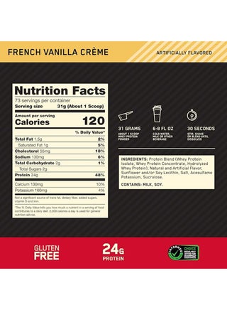 Optimum Nutrition Gold Standard 100% Whey Protein Powder Primary Source Isolate, 24 Grams of Protein for Muscle Support and Recovery, French Vanilla Creme, 5 Lbs, 73 Servings (2.278KG) - view 3