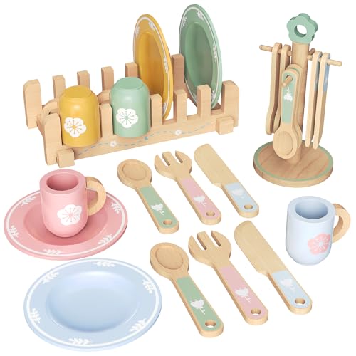 LFENYIGI 20 PCS Kitchen Playset with Wooden Toy Plates and Dishes Montessori Kitchen Toys for Girls and Boys Wooden Play Kitchen Accessories for Kids Toddlers Aged 3 and up - Image 1
