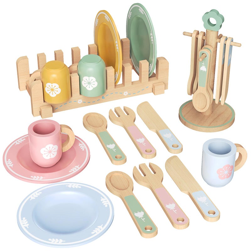 LFENYIGI 20 PCS Kitchen Playset with Wooden Toy Plates and Dishes Montessori Kitchen Toys for Girls and Boys Wooden Play Kitchen Accessories for Kids Toddlers Aged 3 and up - Image 3