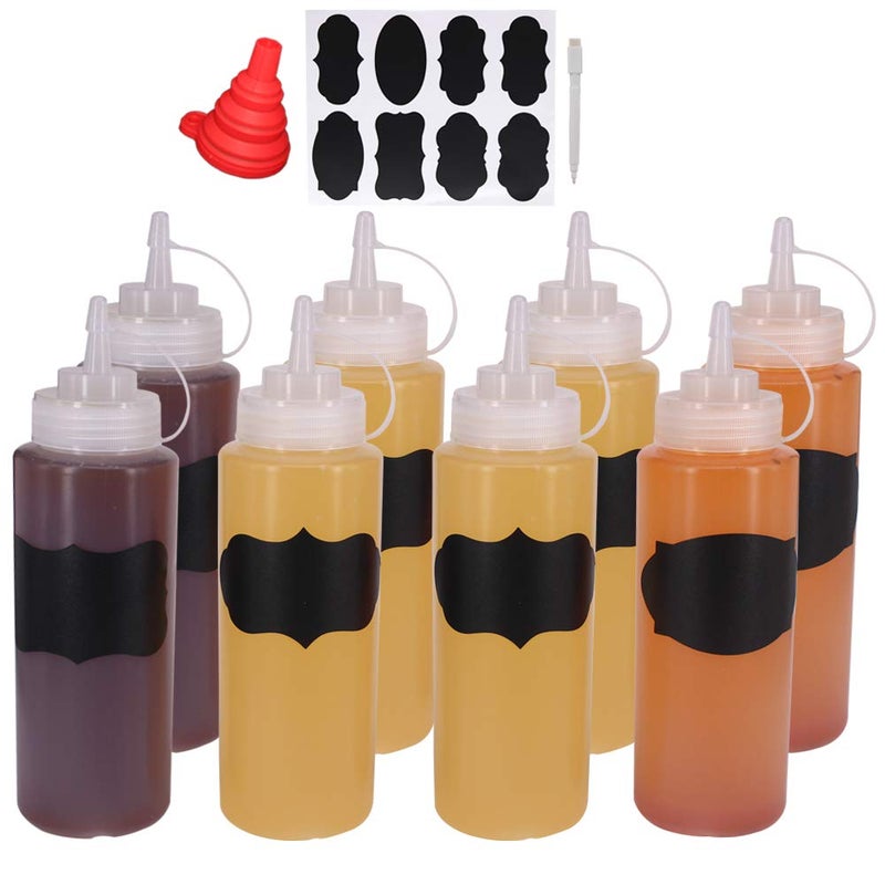 Belinlen 8 Pack 16Ounce Plastic Squeeze Bottles for Food Crafts Art Multi Purpose Set of 8 with extra 8 Chalk Labels and 1 Pen