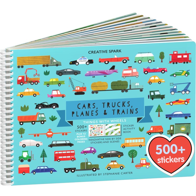CUPKIN Sticker Book for Kids 2-4, 500+ Kids Stickers, Cars, Trucks, Planes & Trains 12 Coloring Pages 12 Side by Side Scenes, Fun Toddler Travel Activity Coloring and Sticker Books for Ages 4-8 + 8-10 - Image 1