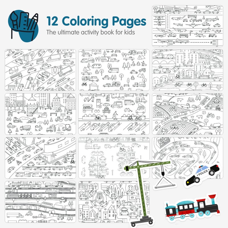 CUPKIN Sticker Book for Kids 2-4, 500+ Kids Stickers, Cars, Trucks, Planes & Trains 12 Coloring Pages 12 Side by Side Scenes, Fun Toddler Travel Activity Coloring and Sticker Books for Ages 4-8 + 8-10 - Image 4