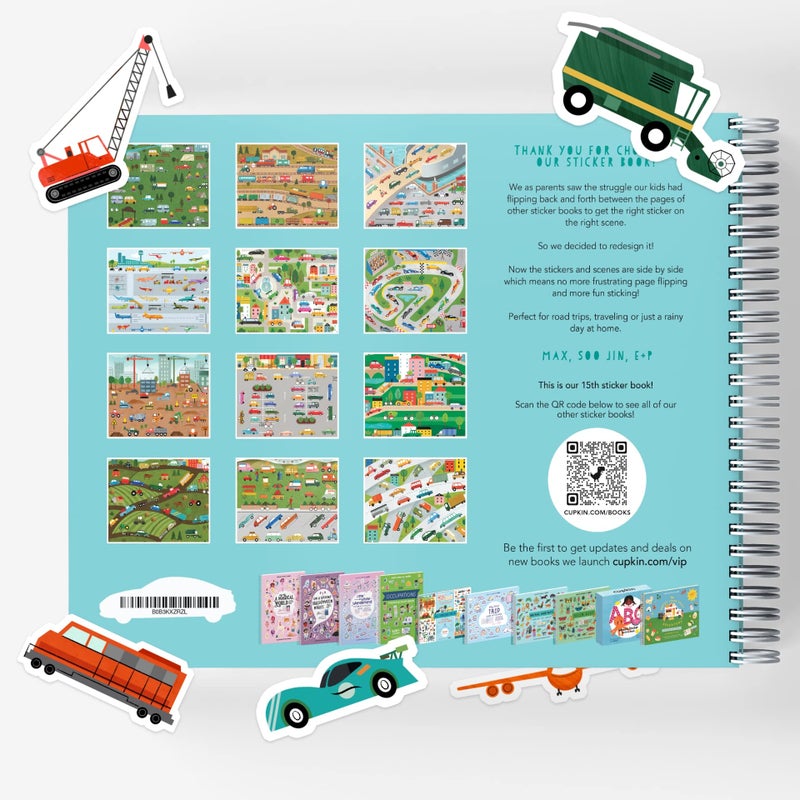 CUPKIN Sticker Book for Kids 2-4, 500+ Kids Stickers, Cars, Trucks, Planes & Trains 12 Coloring Pages 12 Side by Side Scenes, Fun Toddler Travel Activity Coloring and Sticker Books for Ages 4-8 + 8-10 - Image 2