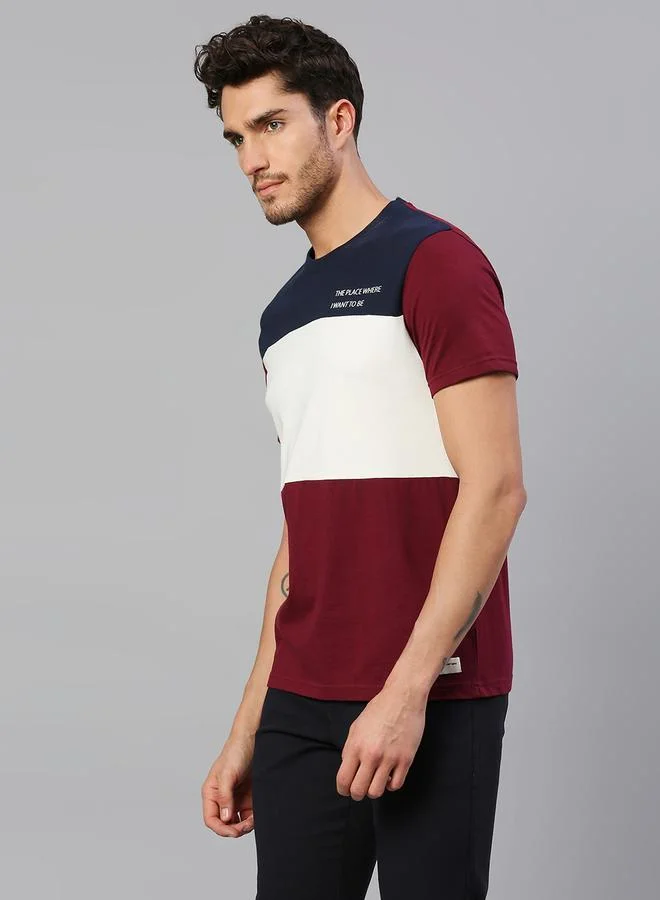 Dennis Lingo Men's Blue 100% Cotton Colourblocked Regular Fit T-Shirt