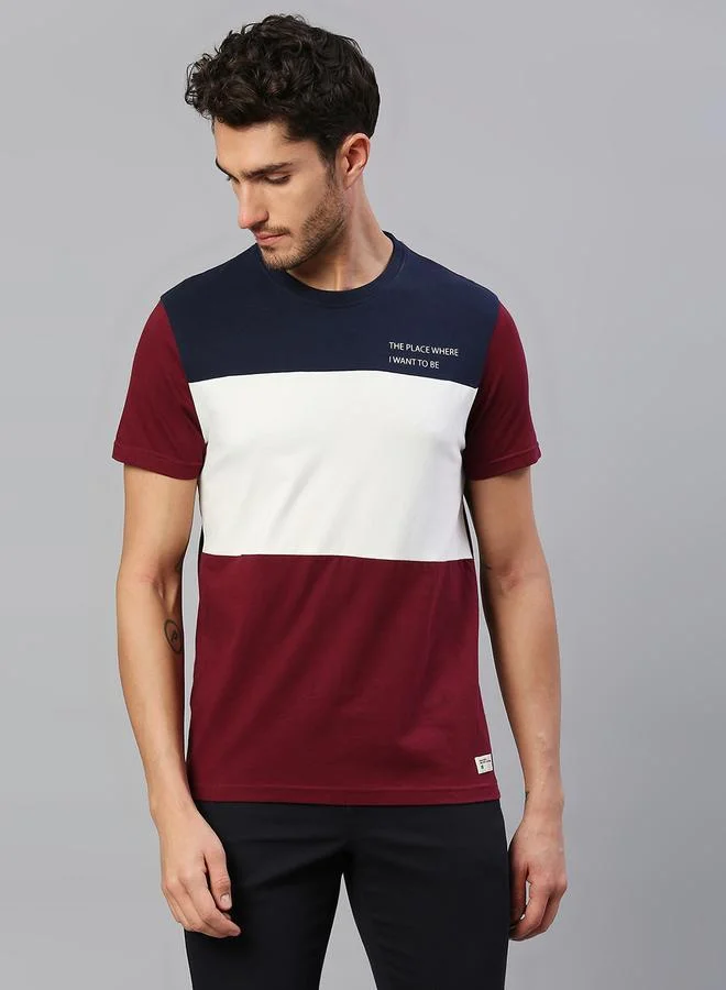 Dennis Lingo Men's Blue 100% Cotton Colourblocked Regular Fit T-Shirt