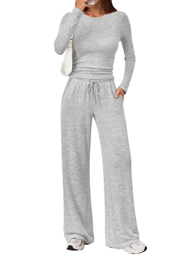 LILLUSORY Womens 2 Piece Matching Lounge Sets 2025 Fall Fashion Knit Sweater Airport Travel Vacation Outfits Gym Sweatsuits Light Grey M - Image 1