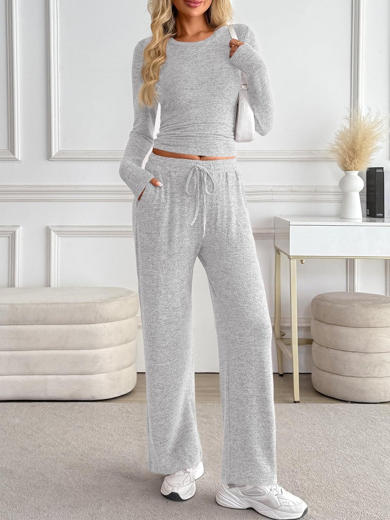 LILLUSORY Womens 2 Piece Matching Lounge Sets 2025 Fall Fashion Knit Sweater Airport Travel Vacation Outfits Gym Sweatsuits Light Grey M - Image 2