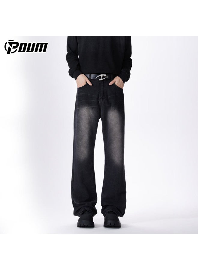 Poum American Streetwear Lightning Pattern Flared Jeans Men Spring Summer Vintage High Street Washed Pants 538 Black L - Image 1