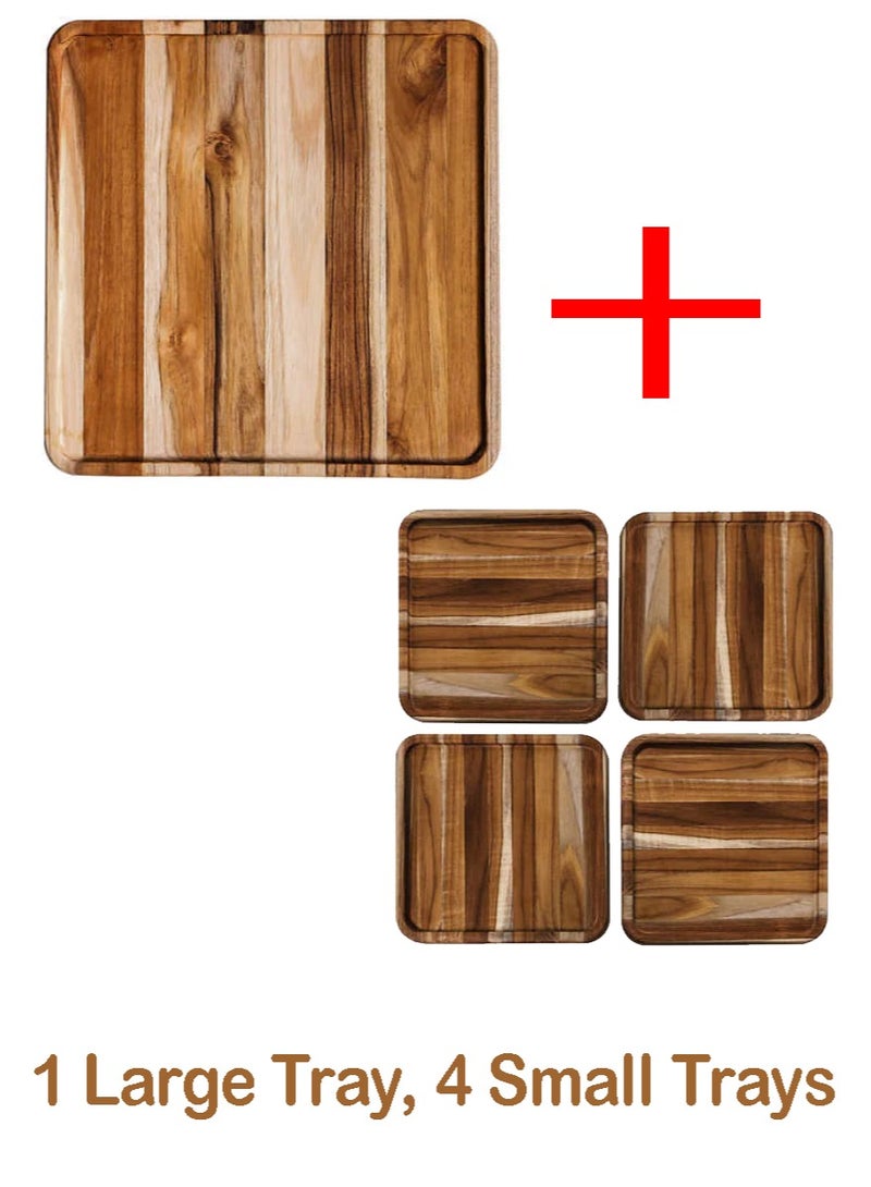 Teakhaus 5-Piece Teak Wood Serving Board Set – 1 Large Tray, 4 Small Trays for Kitchen & Dining, Cheese Board, Cutting Board, Wooden Tray - Image 2