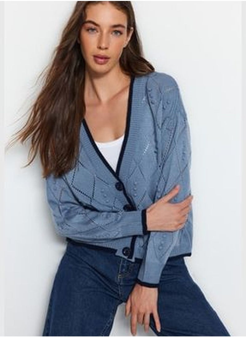 trendyol Blue Openwork/Perforated Knitwear Cardigan TWOAW22HI0290  - Image 5
