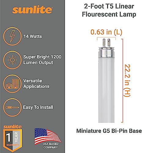 Sunlite 30305 F14T5/835 2 Foot T5 Linear Fluorescent Lamp, 14 Watts, 1200 Lumens, 3500K Neutral White, Miniature G5 Bi-Pin Base, ROHS Compliant, High Performance Straight Tube, 40 Pack - Image 2