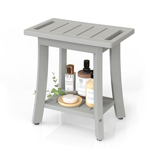 BEKVEM Waterproof Shower Benches for Inside Shower, Poly Lumber Shower Stool with Storage Shelf & Adjustable Feet, SPA Bathroom Seat Chair for Shaving Legs, Indoor or Outdoor Use, Grey - Image 1